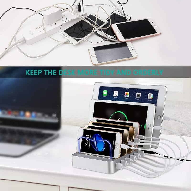 Stație de încărcare USB-C de birou PRITEK cu 6 porturi, incluzând 6 cabluri USB-C scurte pentru mai multe dispozitive, telefoane, tablete, căști, MP3, MP4, argintiu