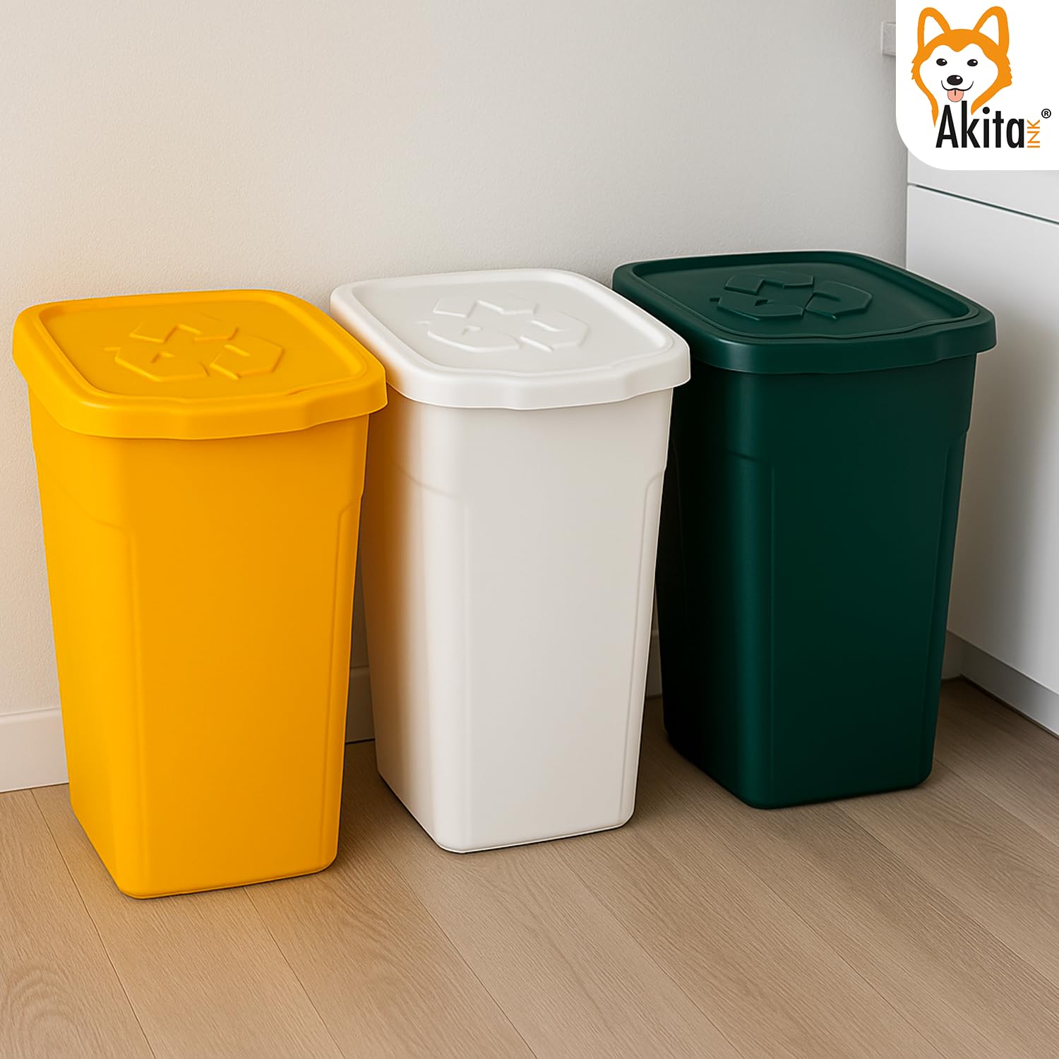 AKITAINK Set 3 contenitori Pattumiere da 50L - Totale 150 litri, per raccolta differenziata - Bidoni multicolore in plastica resistente, ideali per cucina, giardino e ambienti esterni - Made in Italy.