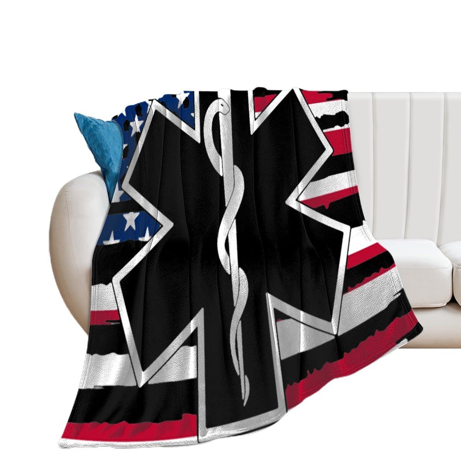 OUTBDNVFSA U.S Flag EMS Star of Life EMT Paramedic Medic Throw Blanket Lightweight Summer Blankets for Bed Sofa Camping Travel