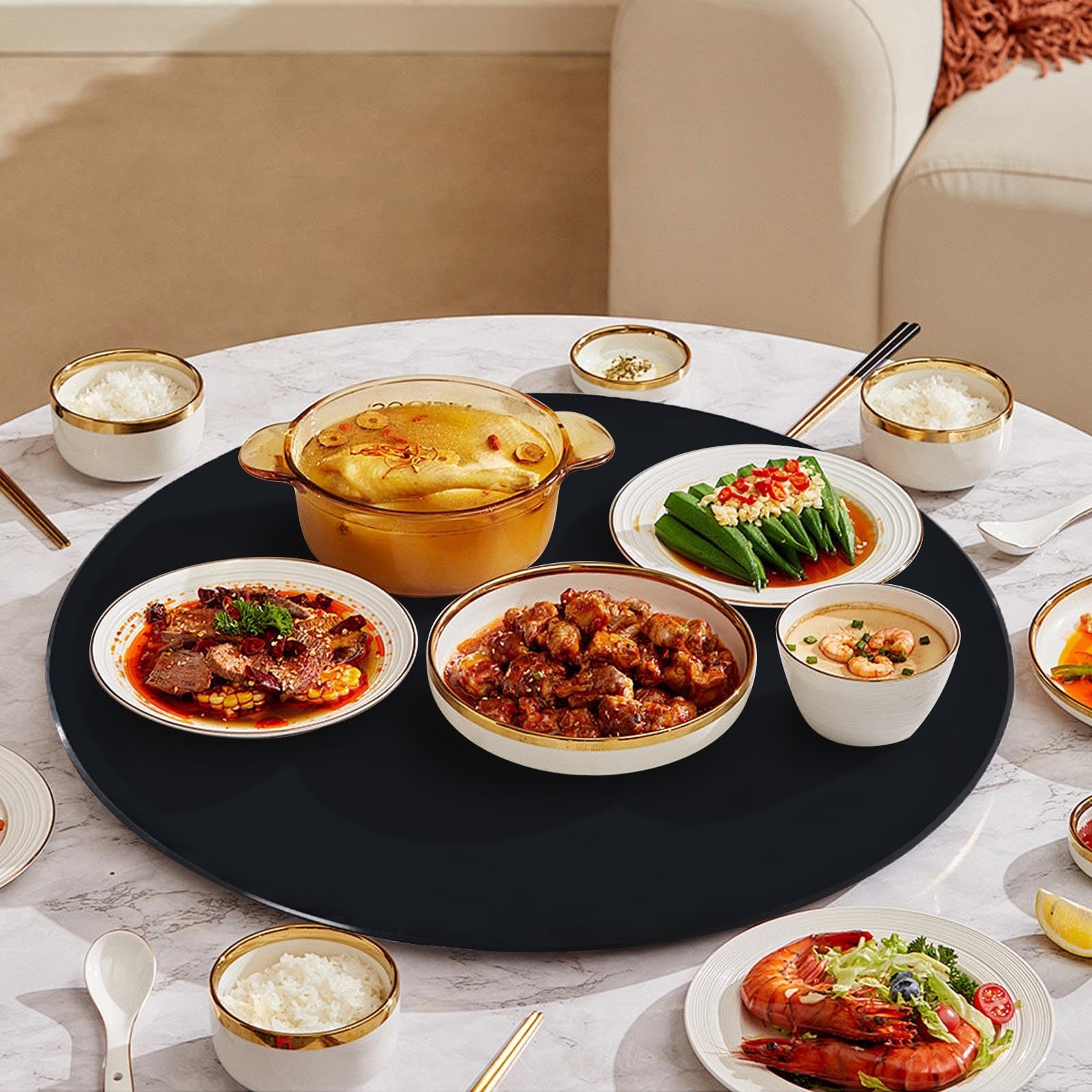 Black Lazy Susan for Table Top 0.3in Tempered Glass Lazy Susan Turntable for Dining Table 24 27 32 36 40inch Tabletop Rotating Tray Sturdy PVC Bearing Smooth Swivel(70cm/27in)