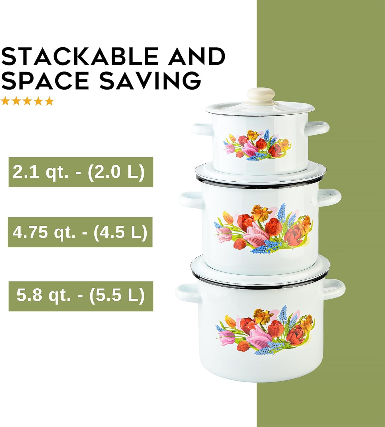 Enamel Pot with Lid Set of 3 pcs 2.1 Qt, 4.8 Qt, 5.8 Qt Enamel Cooking Pot with Enamel Lid, Soup Pots, Enameled Steel Stockpot, Enamel Casserole Set, Induction Safe, Dishwasher Safe (Spring Bouquet)