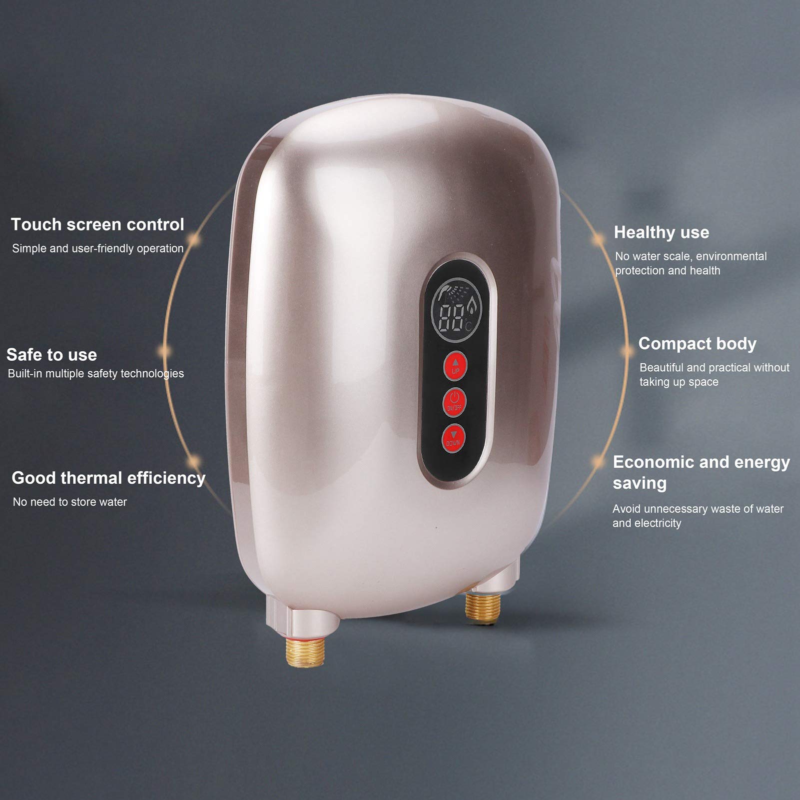 Alomejor 6500W Electric Water Heater, Fast Heating (GOLD) | Ahorro de energía, ecológico, acero inoxidable 304, pantalla LED, protección de seguridad múltiple