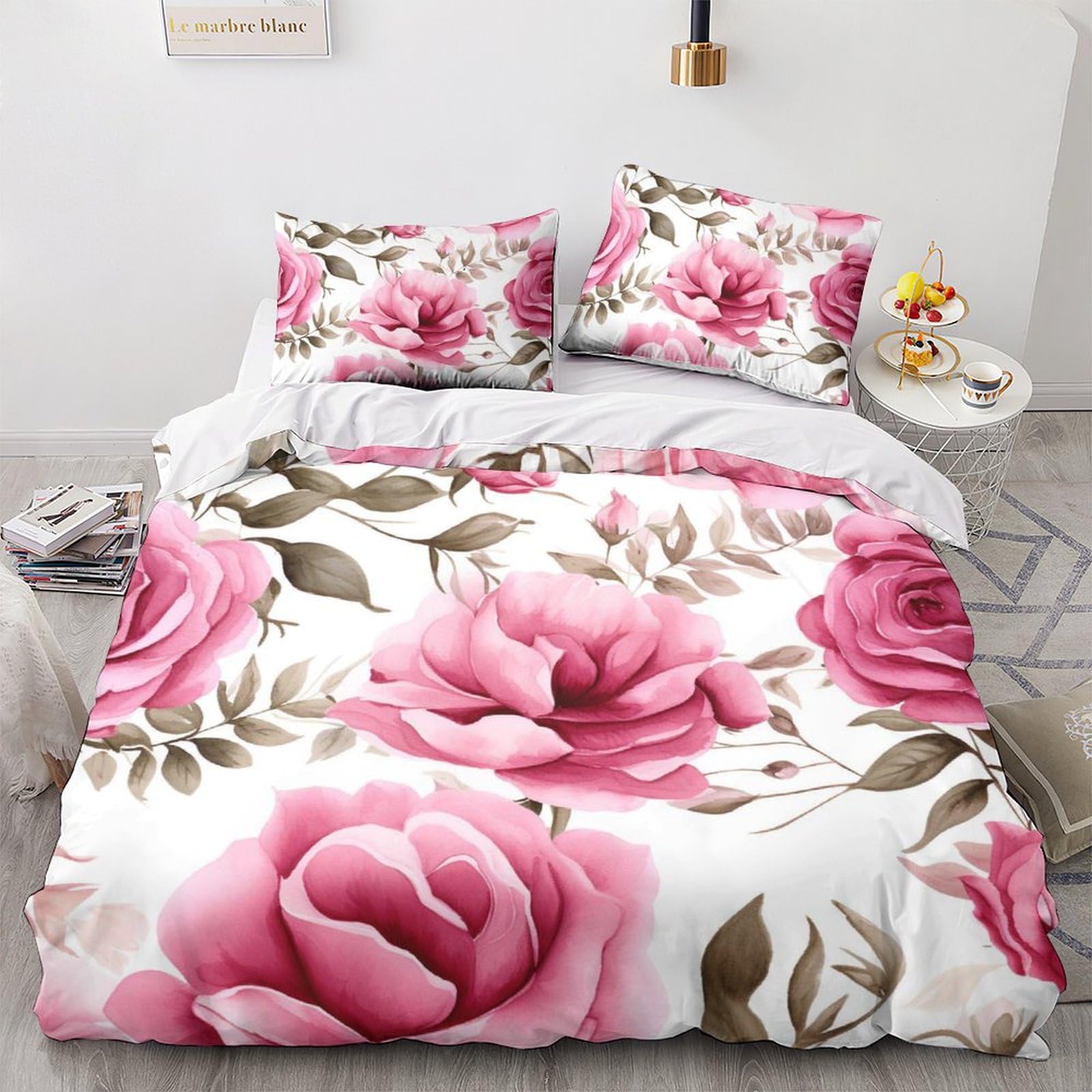 Housse de couette rose king 220x240 parure de lit microfibre 3 pièces fermeture éclair