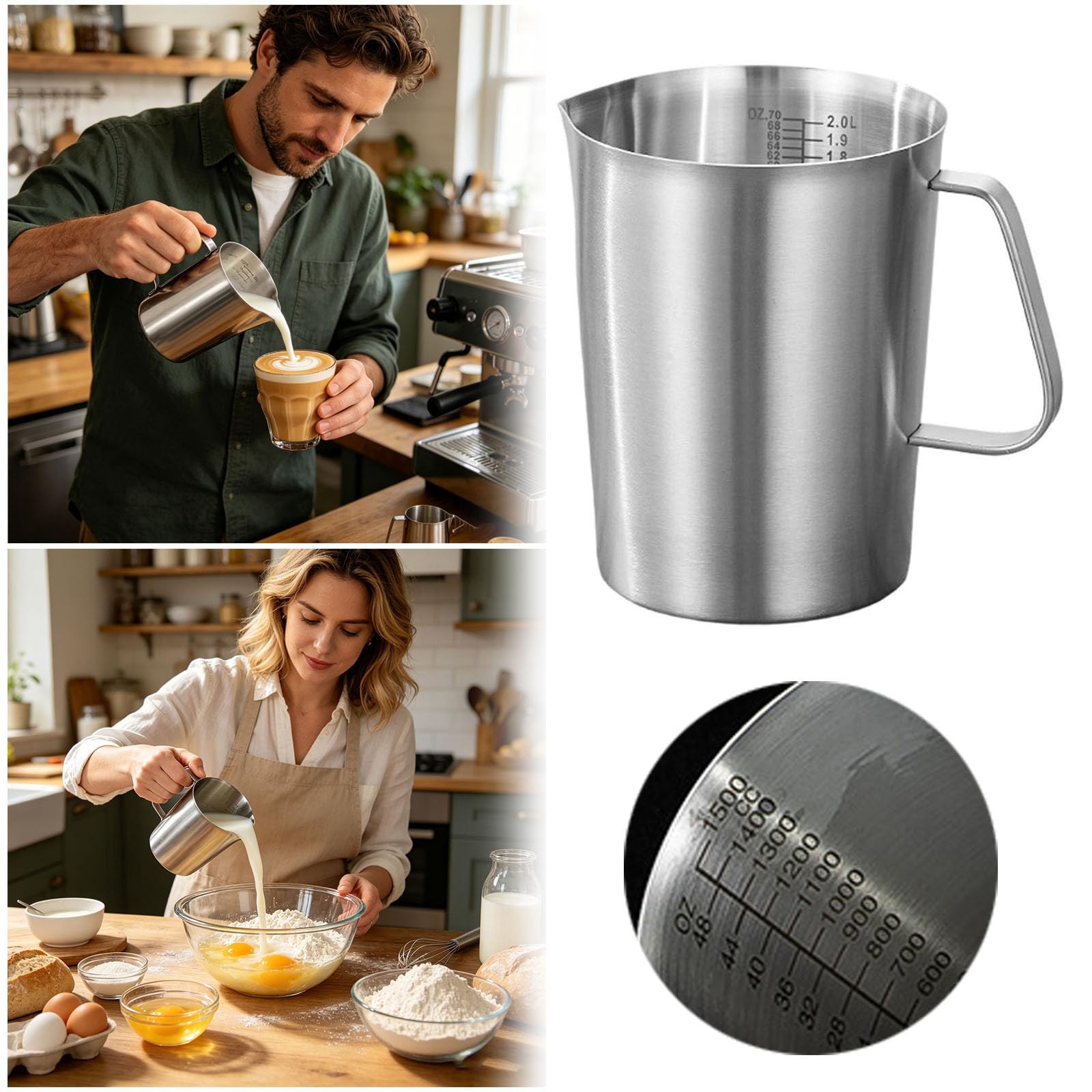 Edelstahl-Messbecher mit klaren Markierungen, 2000 ml abgestufter Wasserkocher für Kaffee, Tee, Milch, Küchenwerkzeug für genaue flüssige trockene Zutaten (Silber-2)
