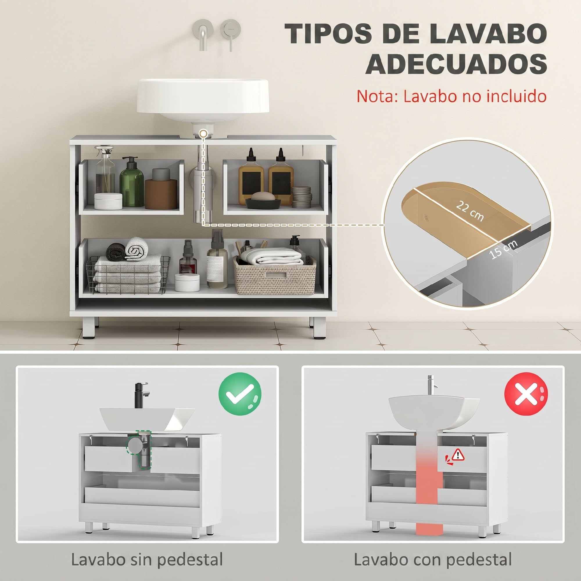 HOMCOM Mueble Bajo Lavabo, Mueble de Baño con 2 Cajones, Armario de Baño de Pie, Estilo Moderno, para Lavabo sin Pedestal, 80x30x60 cm, Blanco