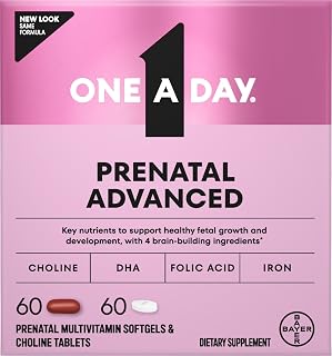 One A Day Prenatal Advanced- Prenatal Vitamins with Folic Acid, Choline, DHA & Iron, Pregnancy Vitamins for Women to Support Baby’s Development, 60+60 Ct (120 Total Set) (Packaging May Vary)