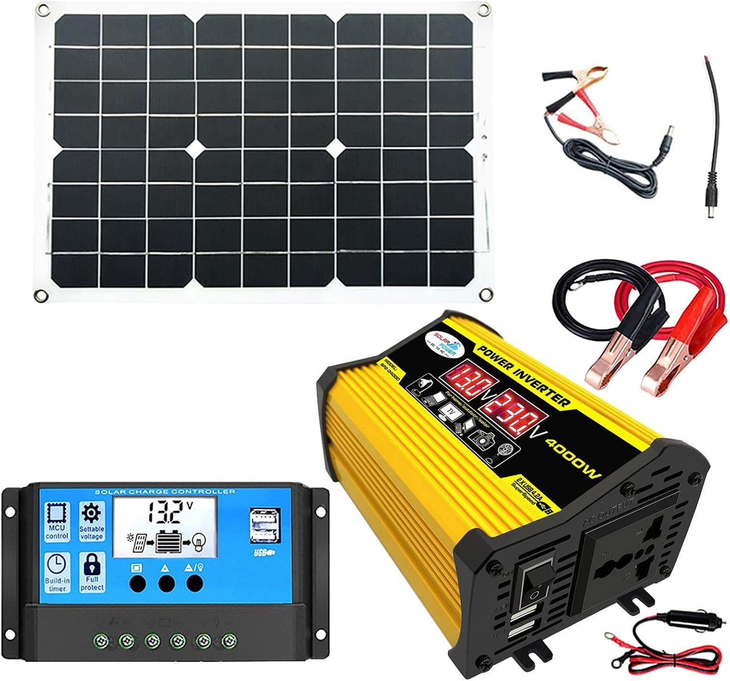 Portable Solar Powers System - 4000W Powers Inverter With 2 USB Port & Ac Outlet, 18W Monocrystalline Solar Panel Kit, 30A Automatic Solar Charge Controller, Fast Charging For Emergencyy Powers Supply