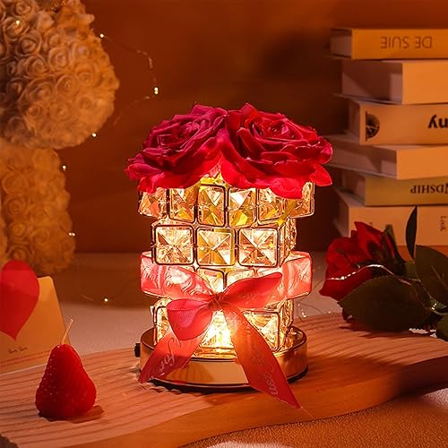 Miniatura 1 de Lámpara de mesa de cristal rosa, recargable, inalámbrica, 3 colores, lámpara de flores regulables, romántica lámpara LED de diamante rosa para