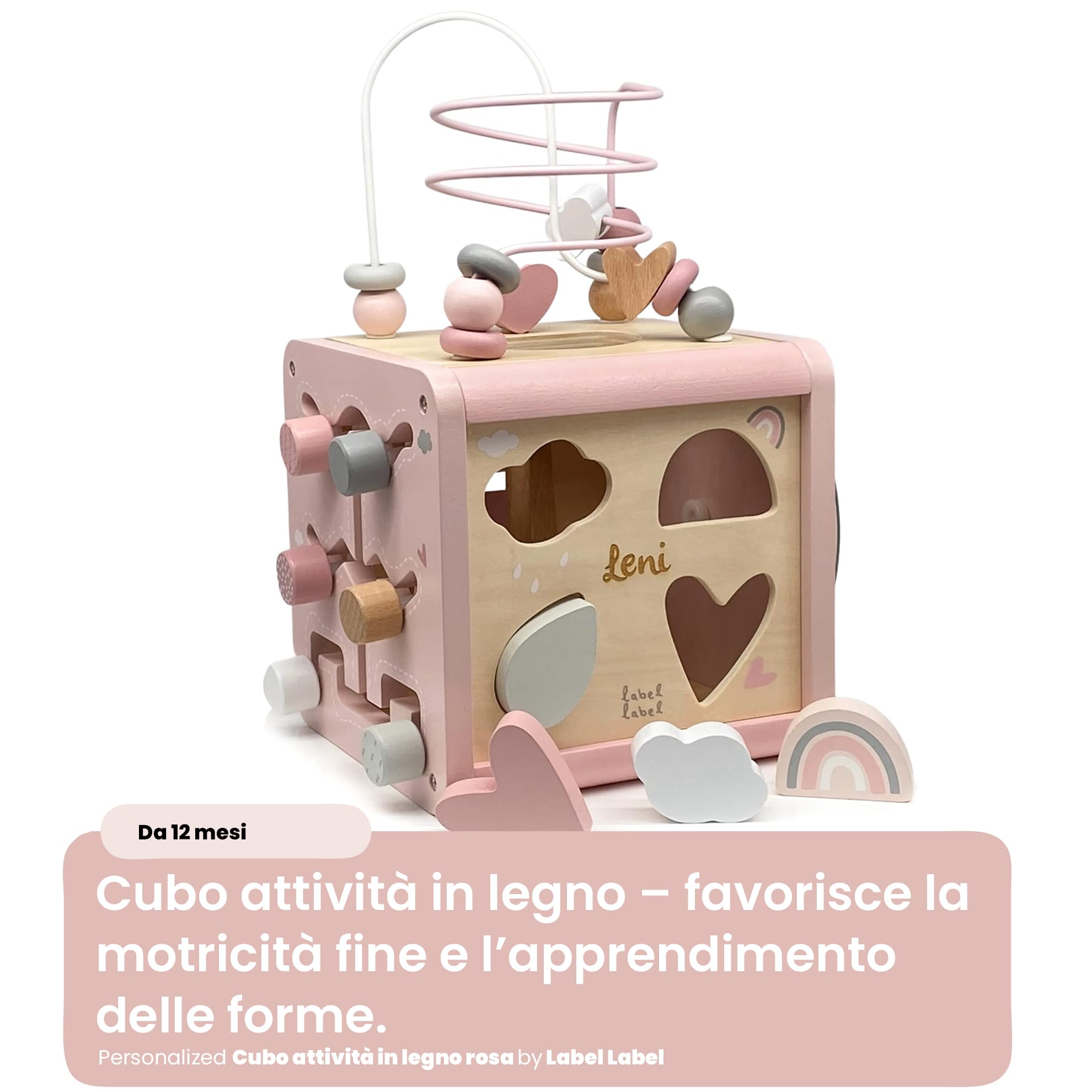 Personalizzabile cubo attività in Legno FSC Rosa – incastri & motricità fine Stile Montessori – per Bambini 18+ Mesi – Personalizzato con Nome – Label Label