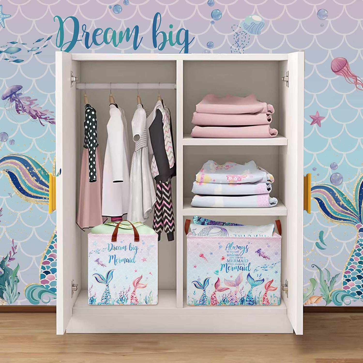 Mermaid Nursery Decor Hamper Pink Laundry Hamper Ocean Fish Animal Baby Girl Gift Basket ,Kids Storage Box Cute Beach Towel Pool Clothes Book Toy Bin,Boo Basket for Mothers Day