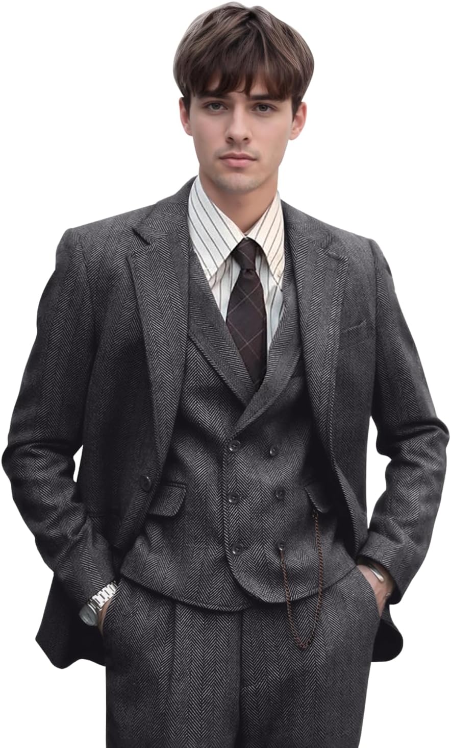 Men Suits 3 Piece Herringbone Tweed Suit for Men Slim Fit Suit Jacket Vest Pants Set Formal Wedding Tuxedos