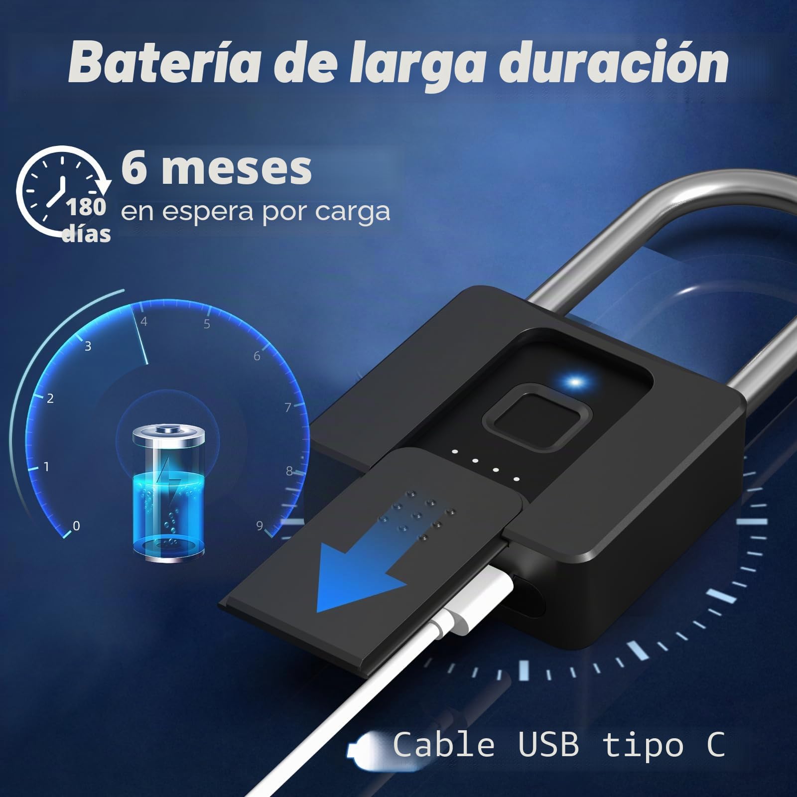 Candado largo eLinkSmart, candado con aplicación de huellas digitales, candado pesado con llave, grillete largo de 60mm, registro de desbloqueo, resistente al agua, autorización remota, USB Tipo-C