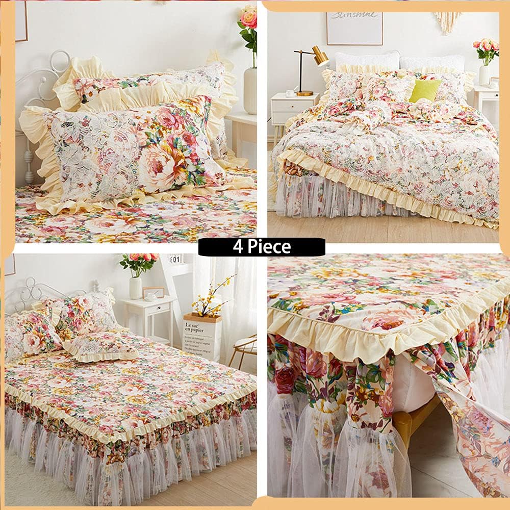 FADFAY Romantic Floral Ruffle Duvet Cover Set 4 Piece Full- 100% Cotton 600 TC- White Lace Luxury Shabby Vintage Princess Bedroom Decor Soft Dust Ruffle 18'' Split Corner Bed Skirt