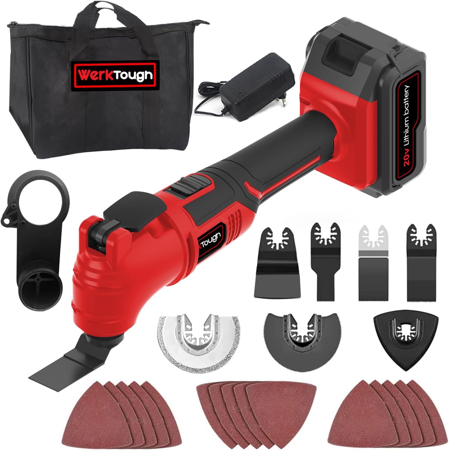 OS06 20V Cordless Oscillating Multi Tools 3°oscillating Angle Quick Charge/Release 20000rpm with 26pcs Tool Accessories-Cutting,Sanding,Scraping(Red)