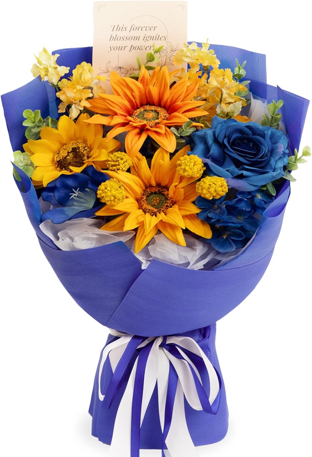 TINGE TIME Sunflower and Rose Bouquet, Fake Flowers Bouquet, Aritifical Roses Bouquet for Valentines, Mothers Day Gifts, Birthday Gifts, Anniversary, Engagement, Wedding(Sunflower&RoyalBlue)
