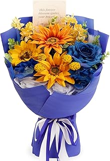 TINGE TIME Aritifical Flowers Bouquet, Sunflower&RoyalBlue Roses Gift Bo...