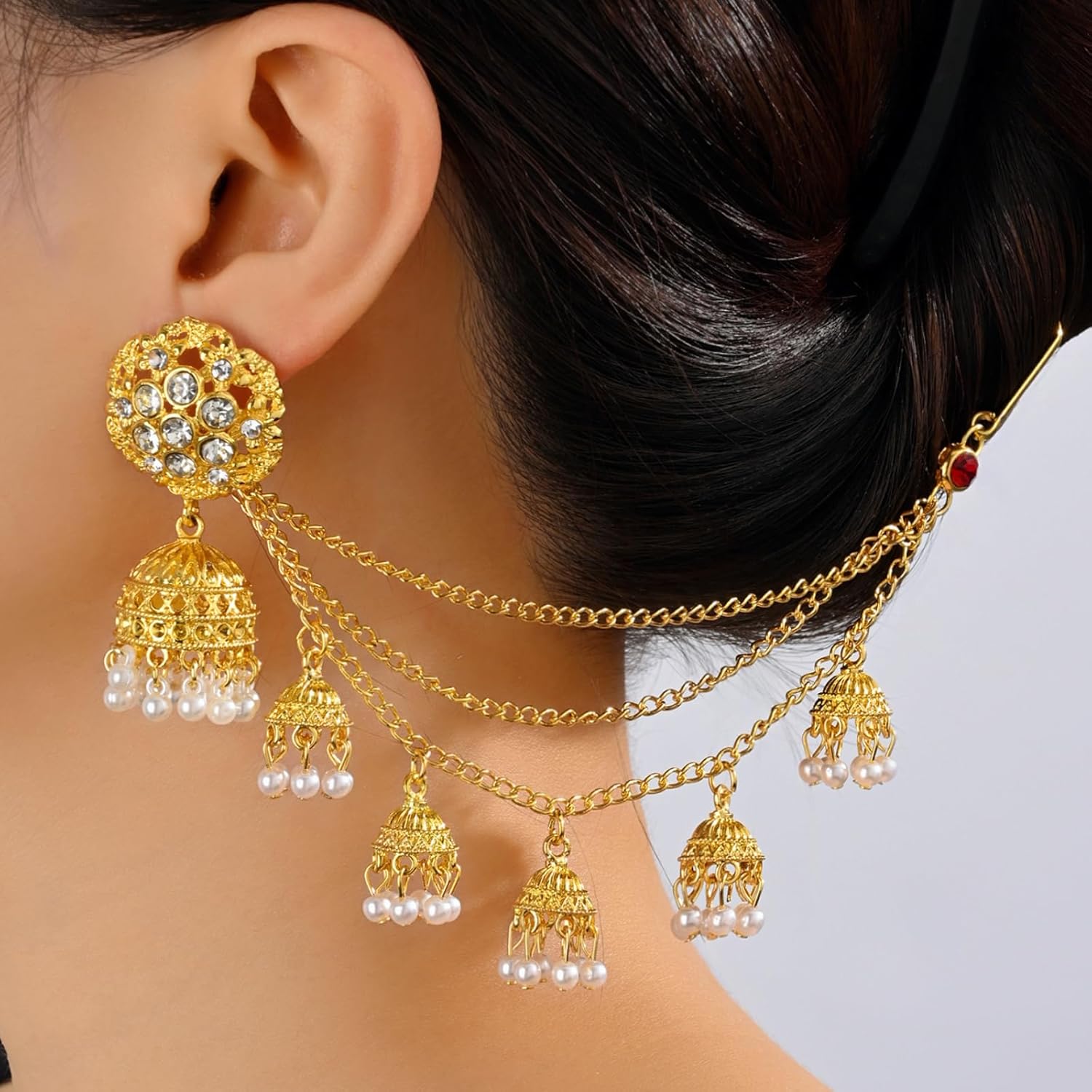 Jhumkas Indian Earrings with kundan Gold Hair Chain Layered Faux Pearl Charms Wedding Jewelry for Women