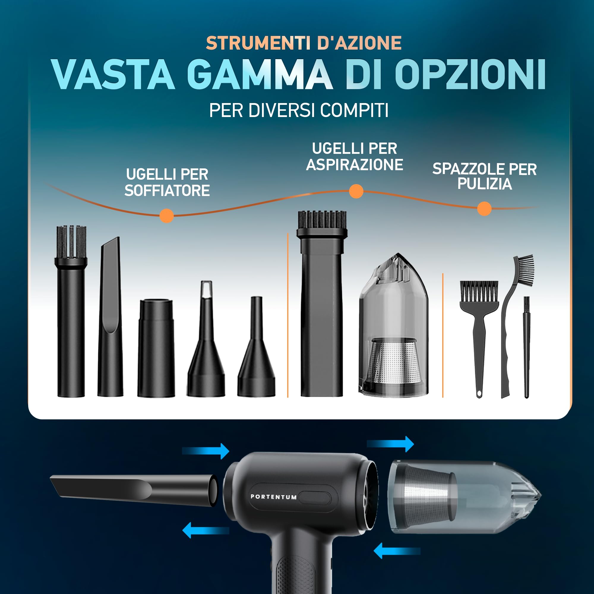 PORTENTUM® 2 in 1 Aspirapolvere Senza Fili et Aria Compressa - Batteria, 3 Velocità e Luce a LED - Aspirapolvere auto, Tastiera, PC, Casa, Auto