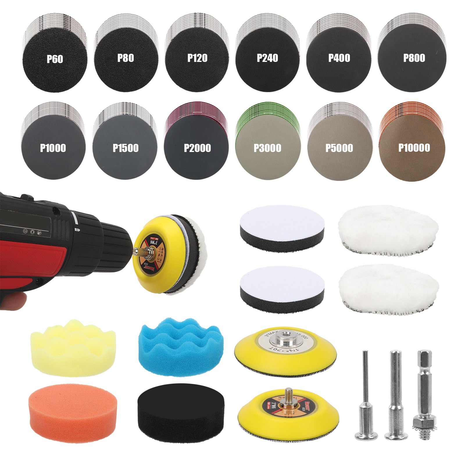 133枚 75mm サンドペーパーセット 研磨パッド＆スポンジ付き 6.2mm＆5.8mm＆2.9mmシャンク対応 ウェット＆ドライ対応 耐水サンドペーパーセット ポリッシャー・ドリル両用 小型電動工具用 サンディングペーパー 木材・金属錆び取り 車磨き 水垢取り 曲面研磨 12種類 60 80 120 240 400 800 1000 1500 2000 3000 5000 10000 各10枚