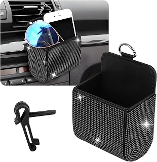Car Vent Storage Organizer, Rhinestone Car Air Vent Leather Storage Pouch, Bling Automotive Hanging Bag Pocket Case, Universal Auto Mount Cell Phone Sunglasses Coin Holder (Black)