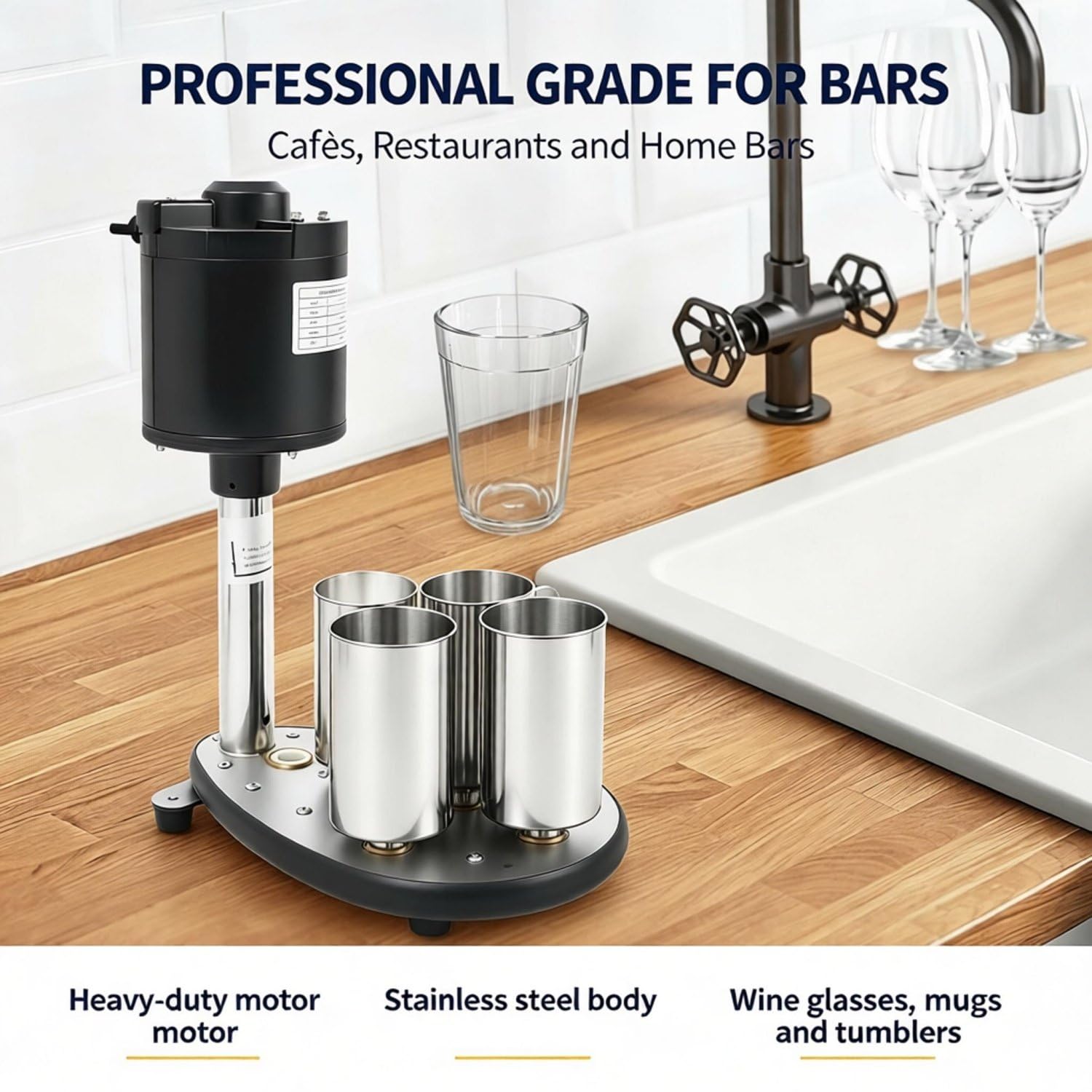Lave-verres commercial robuste, machine électrique de nettoyage pour verres à vin (bars, restaurants, cafés) – Lave-verres professionnel pour chopes à bière, verres à vin rouge et flûtes à champagne.