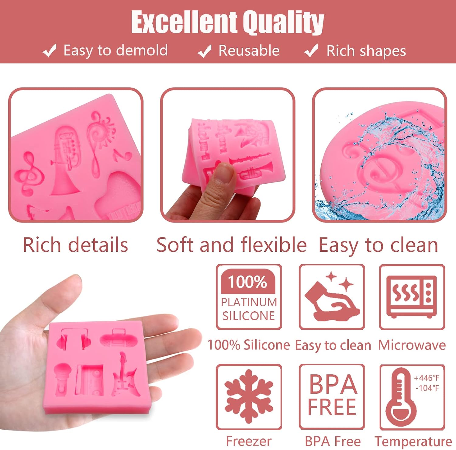 Music Note Fondant Mold 4 Pcs, Musical Instruments Chocolate Silicone Mold Piano Saxophone Boombox Microphone Radio Guitar Mold for Cake Decoration Candy Sugar Cupcake Topper Polymer Clay Crafts image 3