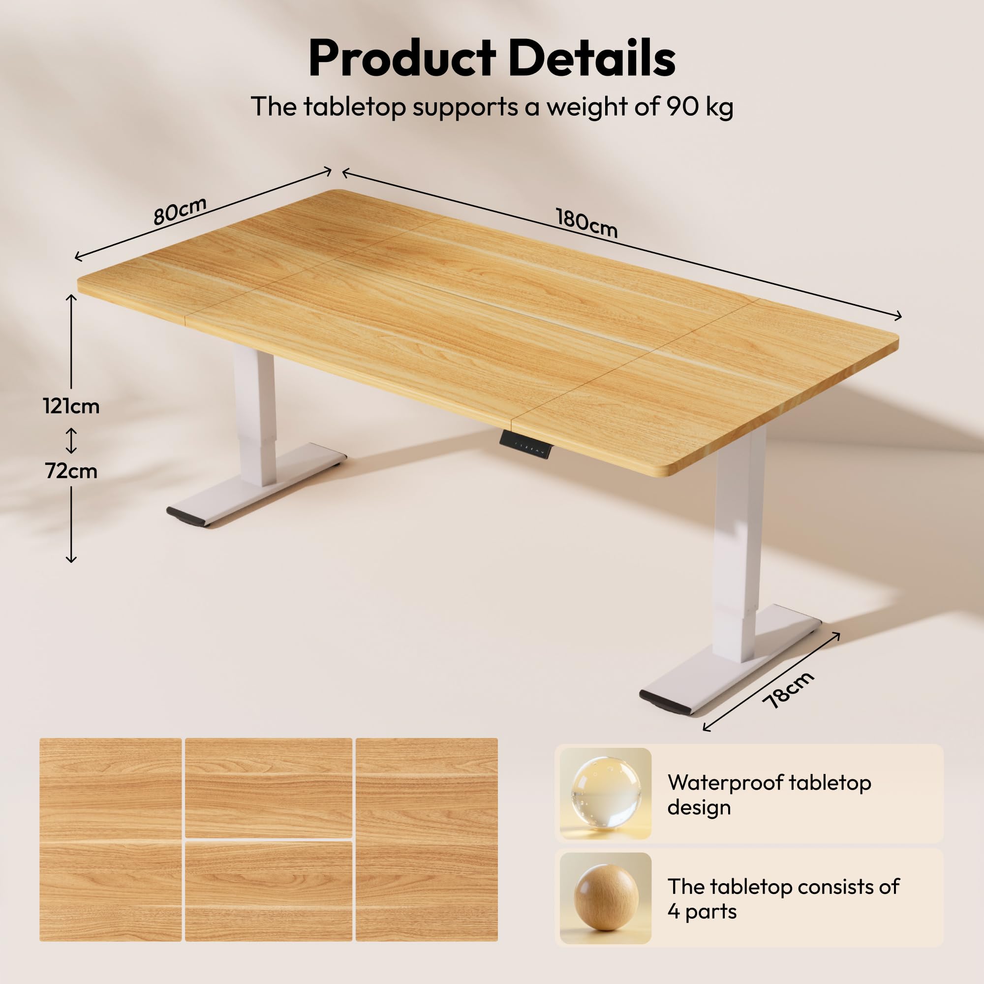SANODESK Höhenverstellbarer Schreibtisch 180×80 cm – Elektrischer Standing Desk mit Dualmotor, Extra stabilem Gestell & Memory-Funktion(weiß+ahorn)