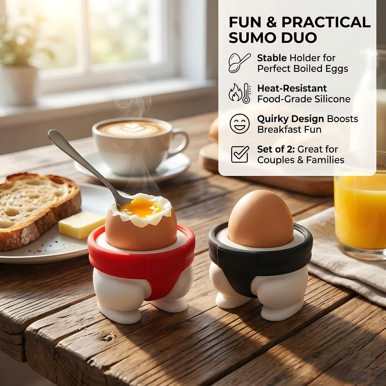 2 Pack Sumo Egg Cups For Soft Boiled Eggs - Hard Boiled Egg Holder, Funny Kitchen Gadget - Silicone