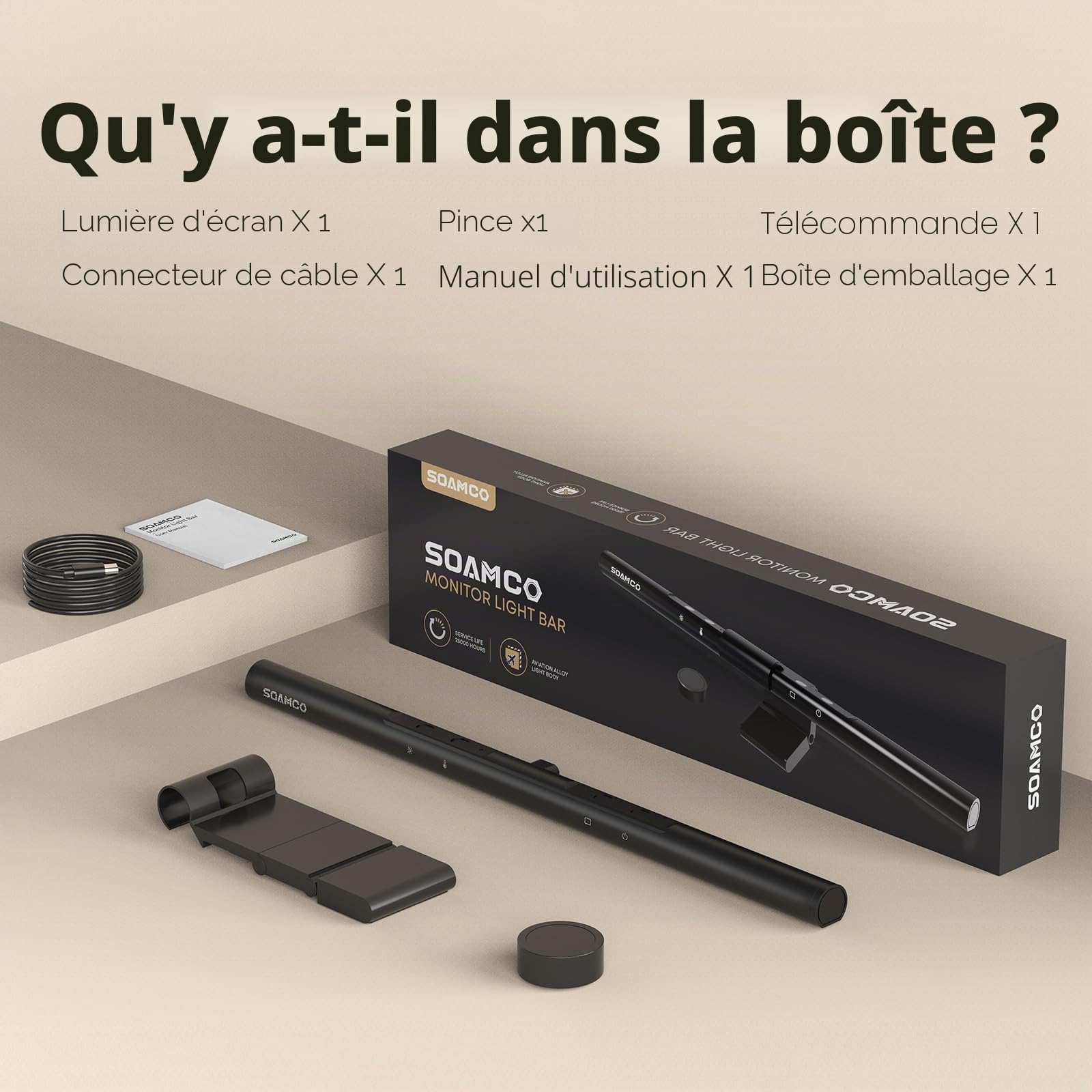 Barre lumineuse de moniteur – Lampe de moniteur d'ordinateur avec télécommande sans fil, barre d'écran USB-C, barre de lampe à gradation automatique, luminosité et température de couleur