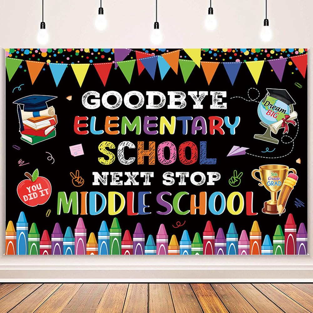 MEHOFOND 7x5ft 5TH Grade Graduation Backdrop Goodbye Elementary School Next Stop Middle School Decorations Banner Large Size Congrats 5TH Grade