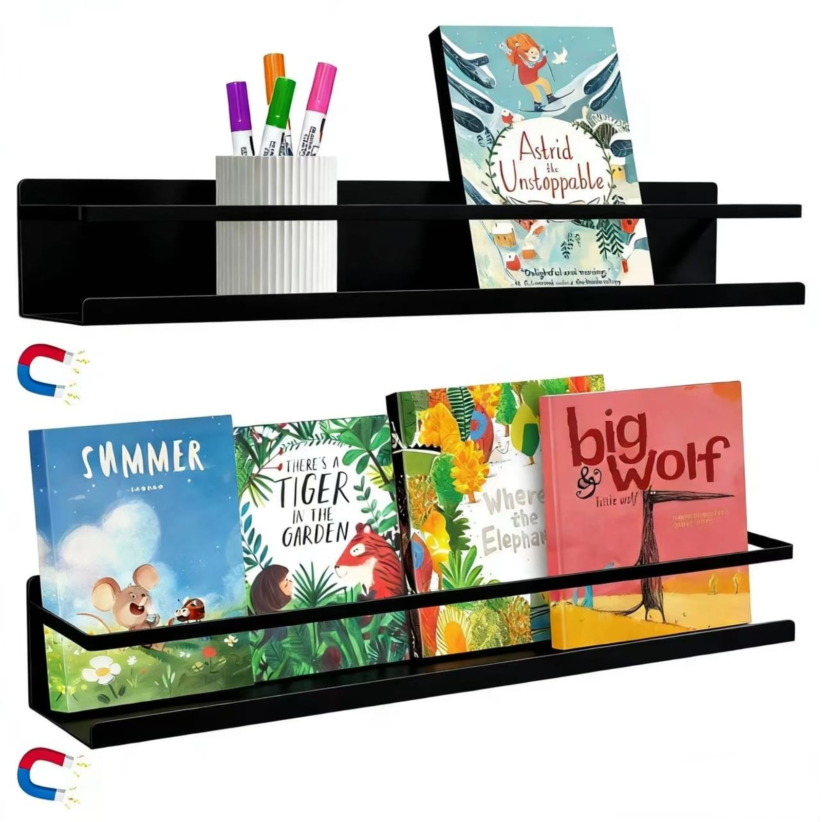 WYLUNBI 2 Pcs Magnetic Metal Book Shelves, 15.7'' x 2.7'' x 2.7'', Special for Whiteboard, Classroom and Fridge Storage, Holds up to 12 lbs (Black)