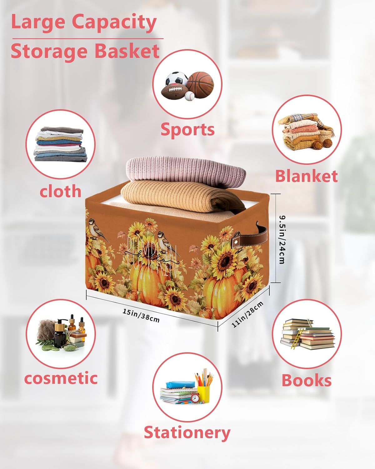 Pumpkin Sunflower Large Storage Baskets Bins Fall Thanksgiving Harvest Autumn Orange Collapsible Storage Box Laundry Organizer for Closet Shelf Nursery Kids Bedroom 15x11x9.5 2 Pack