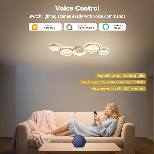 Miniatura 2 de SKY ANGLE Lámpara de techo LED inteligente para dormitorio, regulable compatible con Alexa Google Home, 5 anillos de lámparas de techo con control