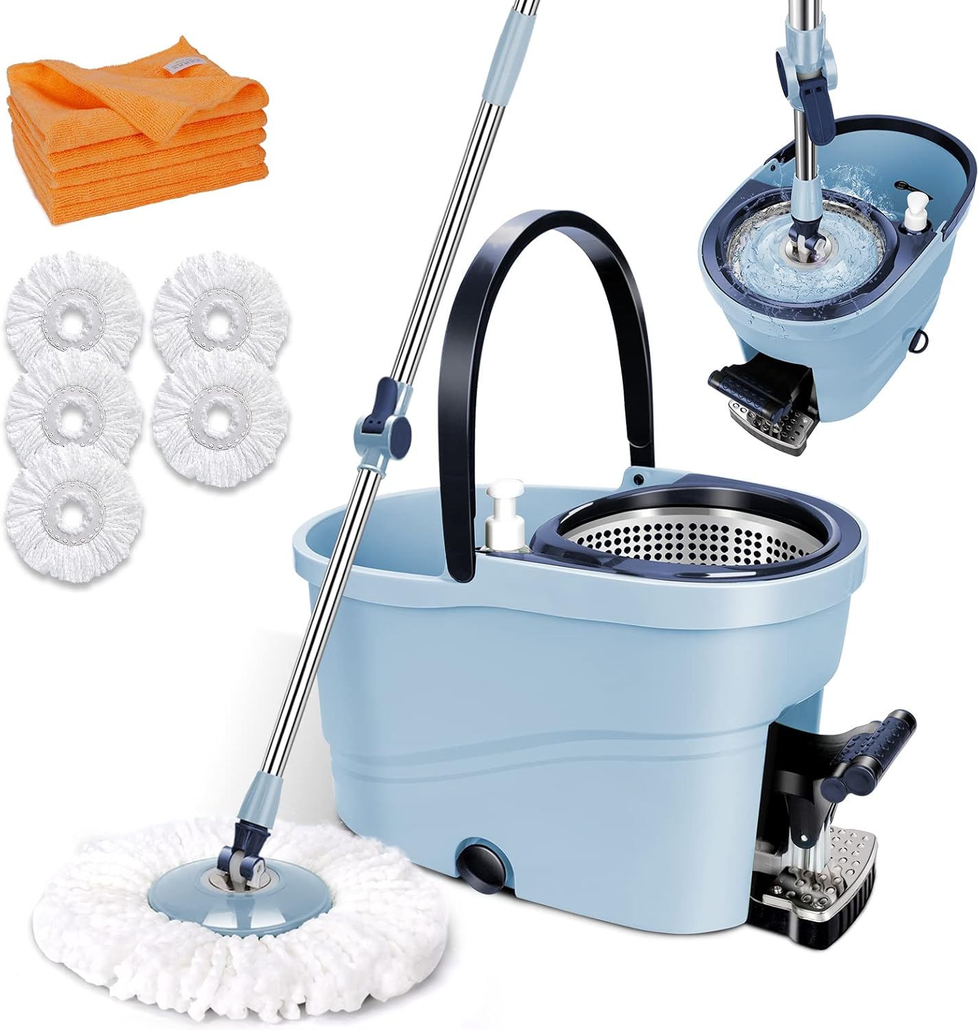 OZD Mop and Bucket with Wringer Set, Spin Mops with Bucket and Foot Pedal, 360