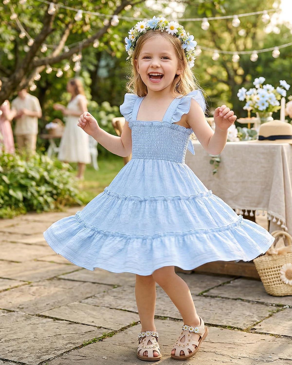 FishingDino Kleider für Mädchen Gr. 92-116, Leicht Gesmokt Ärmellos Sommerkleid Mädchen mit Rüschen & Rückenschleife, Kleinkind Baby Kleid Dress 1-6 Jahre