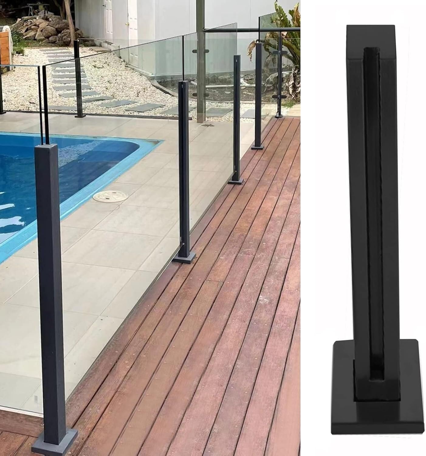 Glaszaun-Befestigungsstange, quadratisch, Glasgeländerpfosten, Klemme, schwarz, Edelstahl-Glas-Balustradenpfosten für Pool, Balkon, Zaun (Endpfosten, 85 cm)