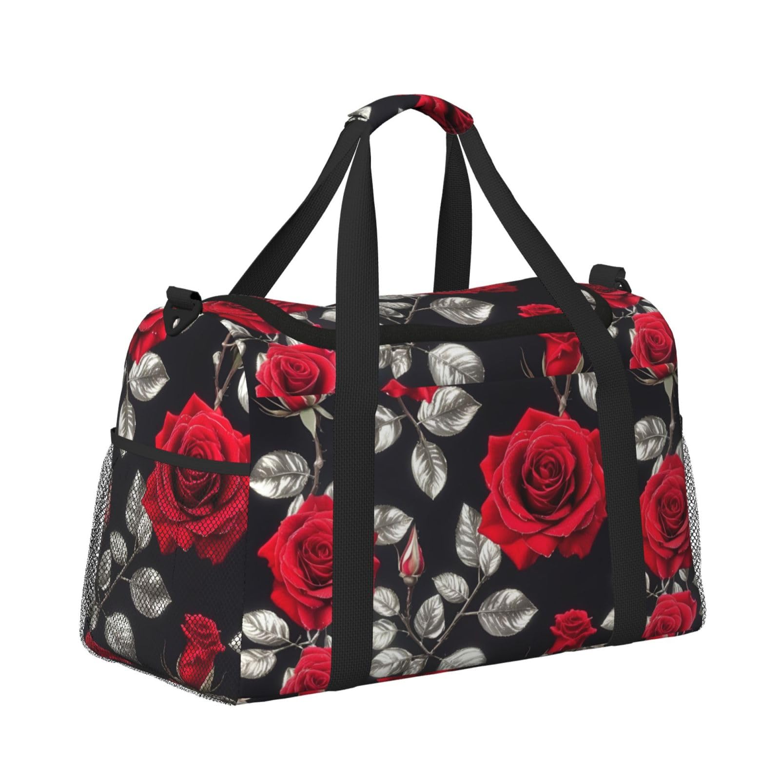 Red Rose Garden - Bolsa de viaje con cremalleras y asas, bolsa de lona plegable grande para vacaciones familiares, Black, Talla única