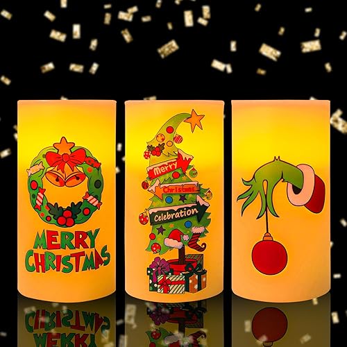 Whaline 3 velas LED sin llama de Feliz Navidad, divertidos personajes de dibujos animados, velas parpadeantes, luz cálida, funciona con pilas,