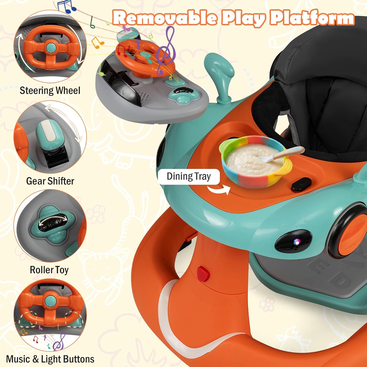 HONEY JOY Baby Walker, 7-in-1 Foldable Baby Bouncer and Rocker Combo, Infant Activity Center w/Canopy, Wheels, Adjustable Height/Speed, Music, Lights, Walker for Baby Boy Girl 7-18 Months (Orange)