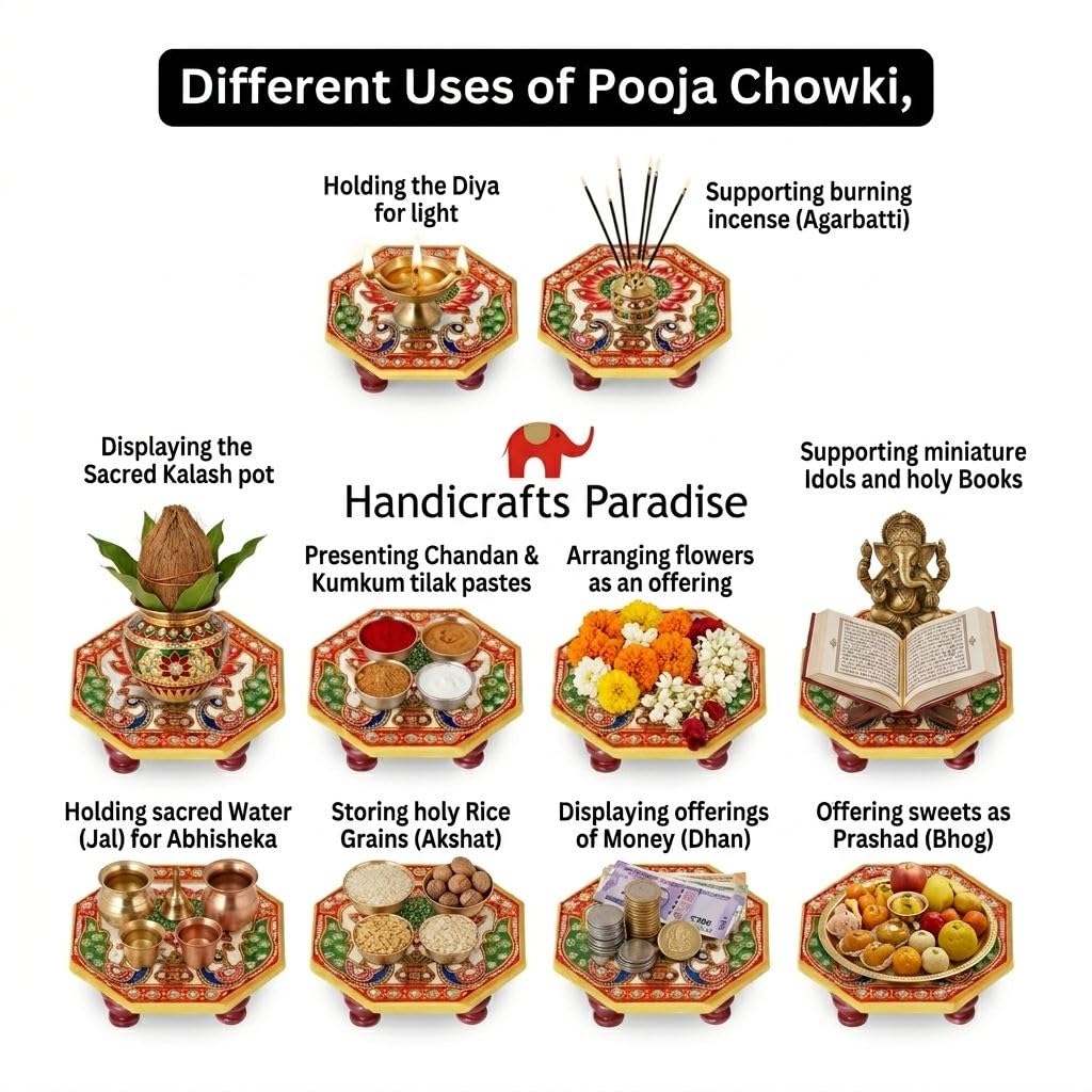 Handicrafts Paradise ( 4 x 4 inch, Set of 2Pc Octagonal Peacock Design Painted Marble Chowki (Multicolour) Home Mandir, Idols Statues Pratima, Bajot for God, Home Décor Showpiece 2