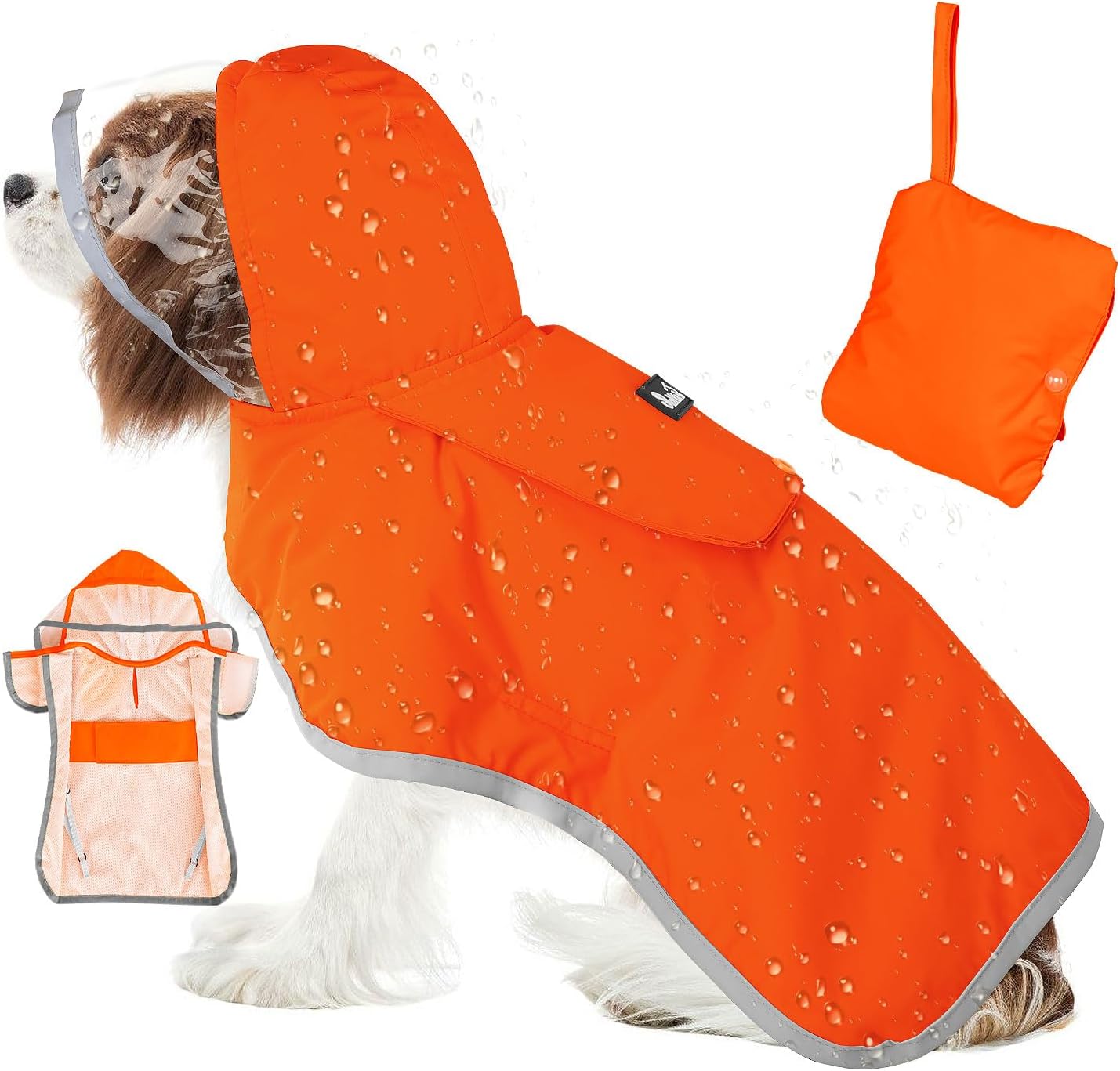 slowton dog raincoat, adjustable dog rain jacket clear hooded double layer, waterproof poncho with reflective strip straps and storage pocket for small medium large dogs puppies(or l) large orange