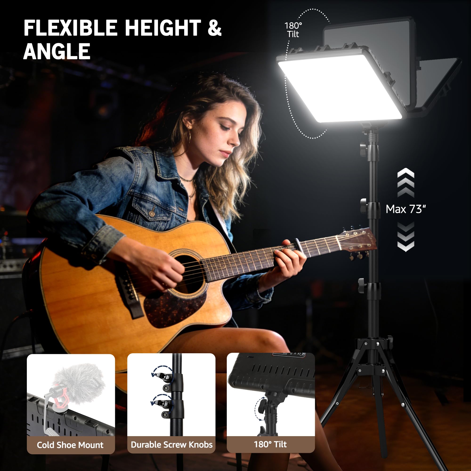 NiceVeedi 1-Pack Photography Lighting Kit, 2800-6500K Bi-Color LED Video Light Kit, Dimmable Studio Light with Tripod Stand & Phone Holder, Light for Video Recording, Game Streaming, YouTube: 25W-2 Packs (AC Adapter)