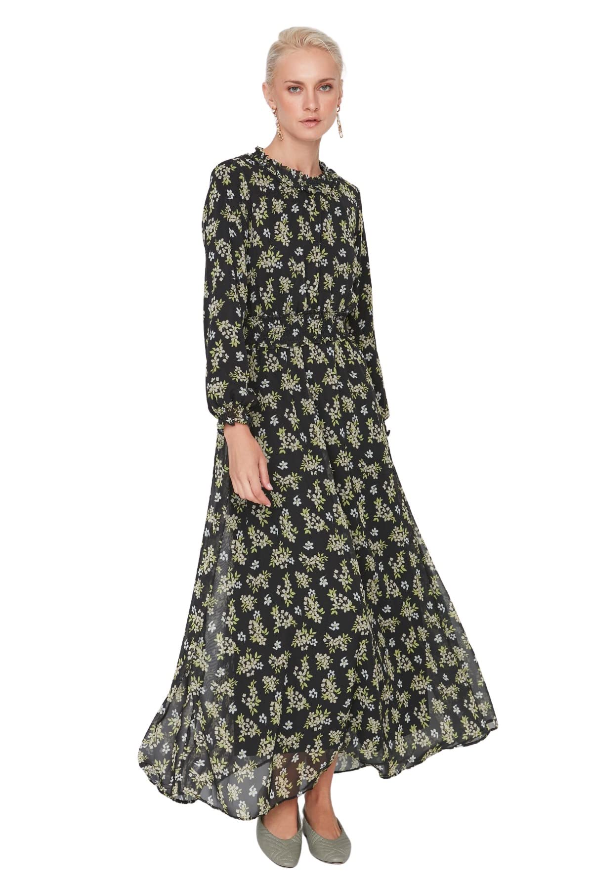 Trendyol Damen Mehrfarbig Regular Skater Rundhalsausschnitt Webstoff Kleid, Ziegelrot, 38