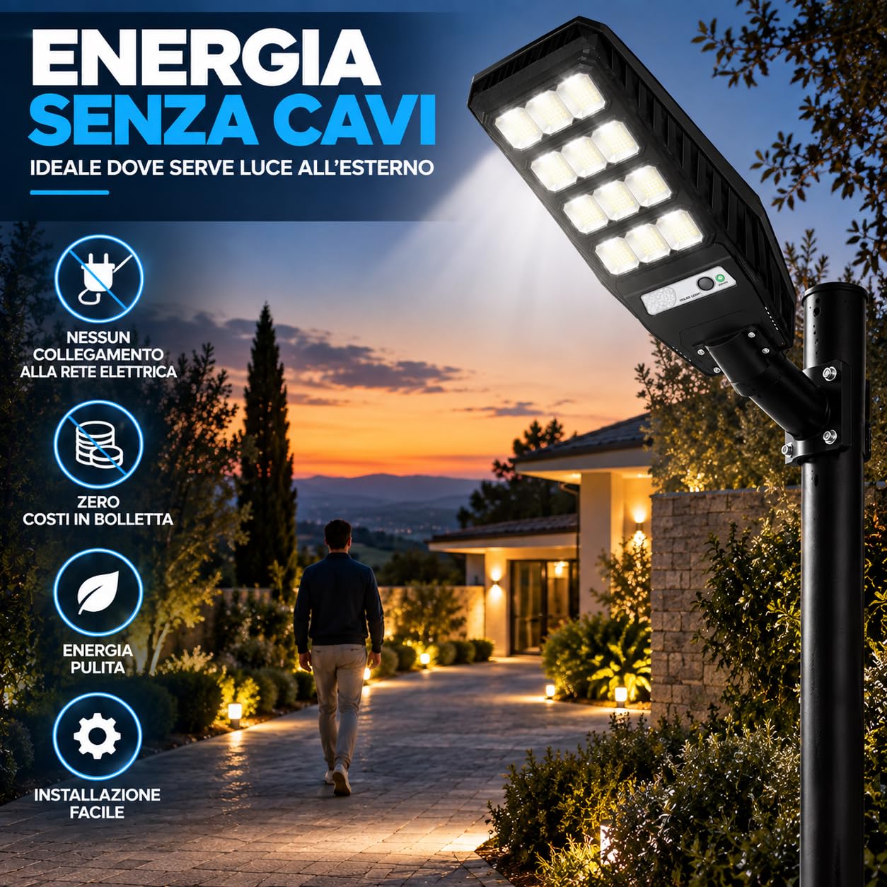 Lampione Solare LED 600W da Esterno, Sensore di Movimento, Telecomando, IP65