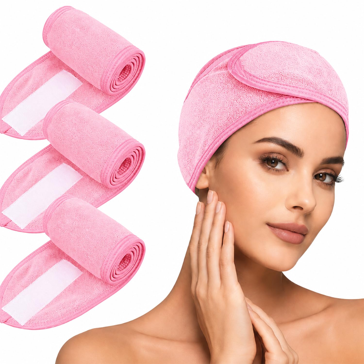 Spa Headband for Skincare – Set of 3 Adjustable Microfiber Headbands for Washing Face, Shower, Makeup, and Sports – Soft, Reusable, and Machine Washable Grey Hair Bands (Pink)-image-35