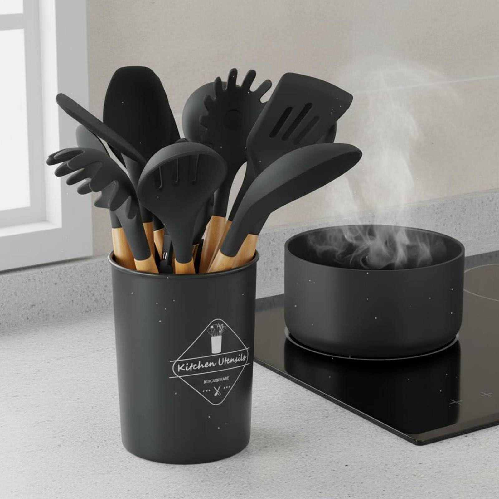 Silicone Kitchen Utensil Set Kit Utensili Cucina Spatola Frusta Cucchiaio con Contenitore Coordinato in Silicone Resistente al Calore E Manici, Dark Gray