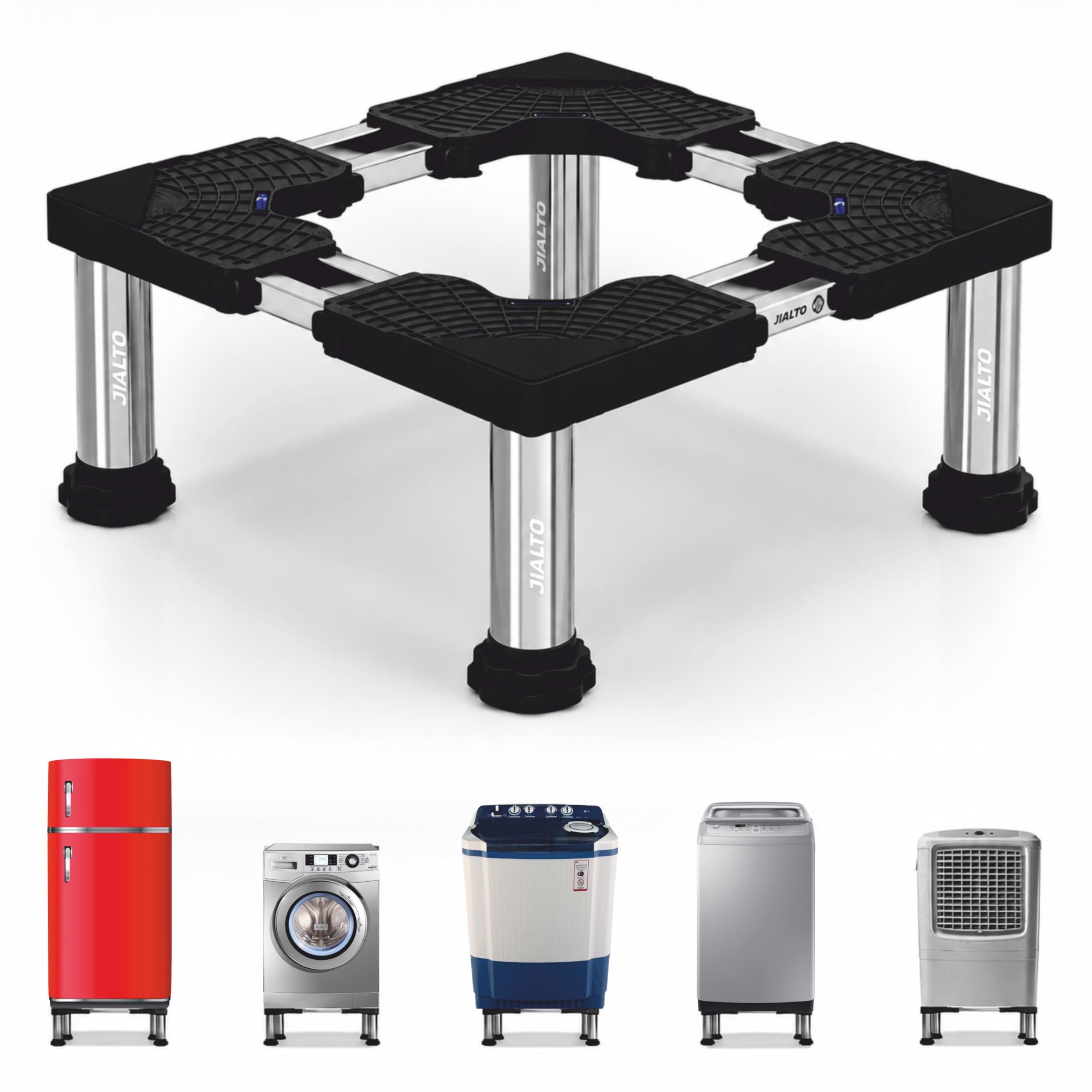 JIALTO Universal Washing Machine Stand 5-12Kg| Washing Machine Trolley | Refrigerator Stand For Fridge | Spirit Level | Anti-Vibration Legs | Rubber Pads Load Capacity 350Kg (Double SS Pipe / Black)