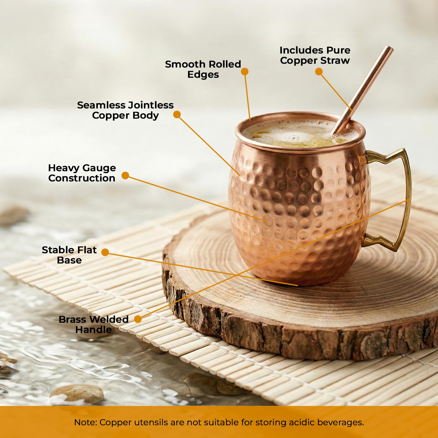 Kupferbecher für Moscow Mule | Reines Kupfer-Trinkgefäß für Cocktails, Bier und Kaltgetränke | Gehämmert mit Henkel | Klassischer Barbecher für Zuhause und Partys