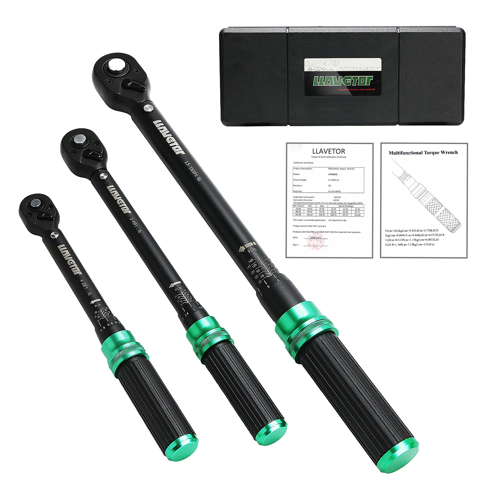 1/4 & 1/2 & 3/8 Drive Torque Wrench, 3PCS Torque Wrench Set, 4-20 ft.lb, 5-45 ft.lb, 15-165 ft.lb, Dual-Direction Adjustable Torque Wrench for Bicycle