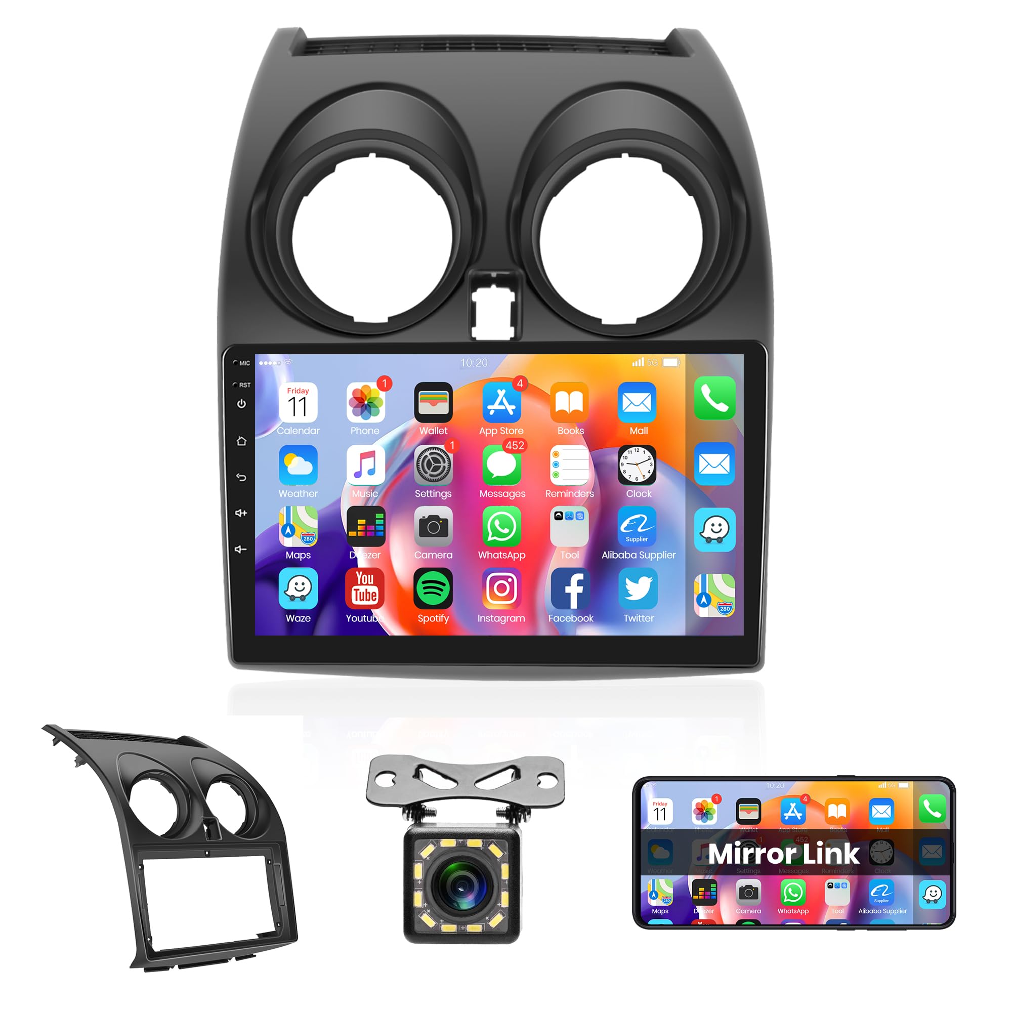 Android Radio de Coche 2 DIN para Nissan Qashqai 2006-2016 con Navi GPS WiFi 9 Pulgadas Pantalla Radio de Coche con Mirror Link Bluetooth FM/RDS/Dab+/DVR/OBD2/USB Control del Volante Cámara Trasera